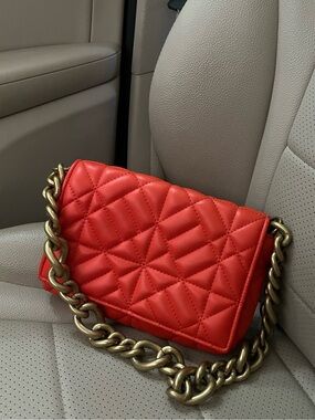 Zara Quilted Red Faux Leather Shoulder Bag with Chunky Chain